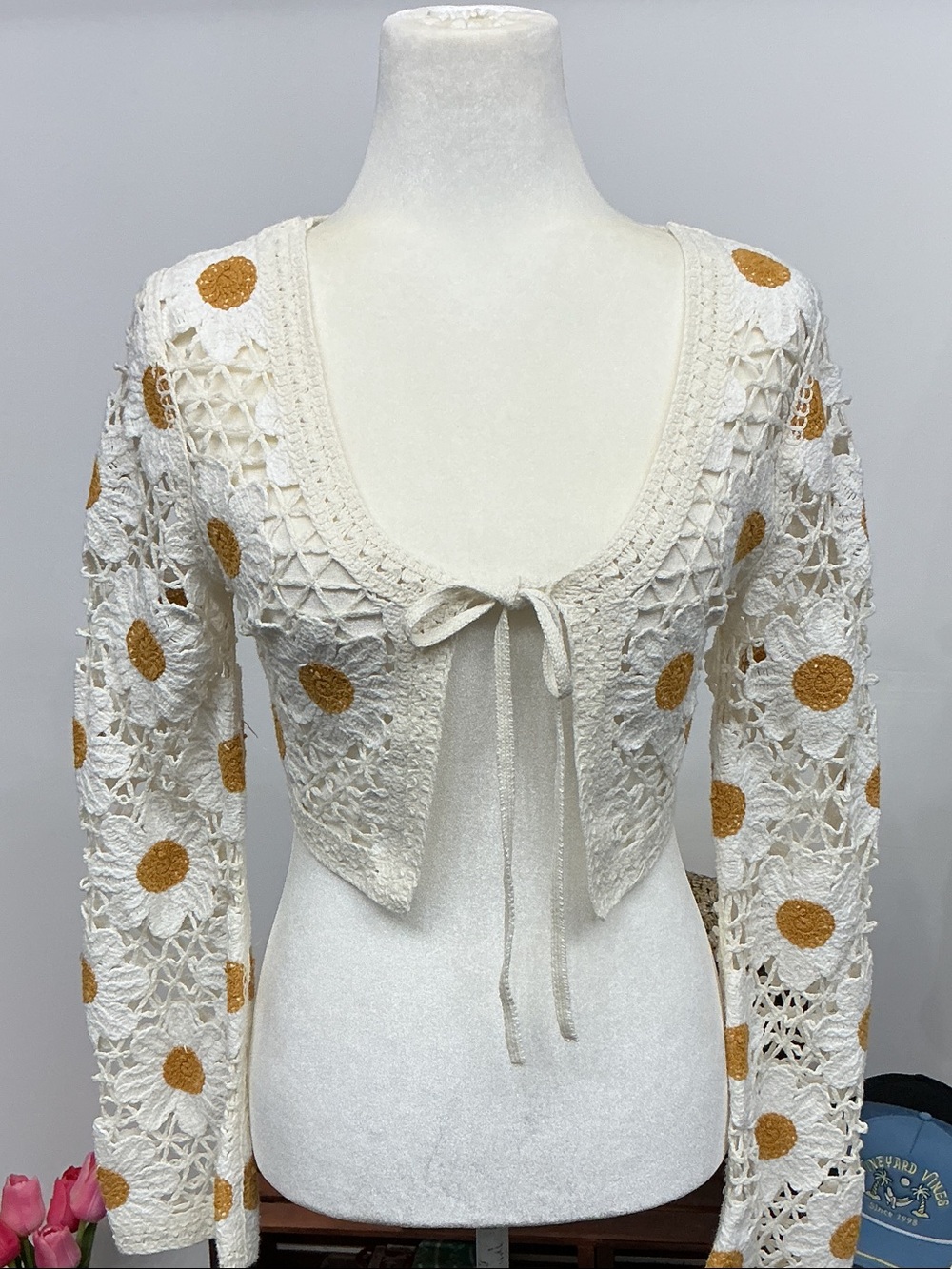 moon & madison Cream Crochet Tie-Front Cardigan with Gold Dot Accents